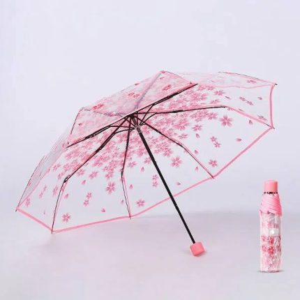 New Transparent Flower Design Folding Women Fashion Umbrella - Pink